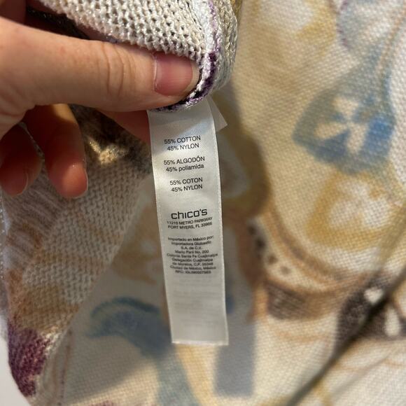 Chicos Womens Knit Sweater Sz 2P Watercolor Mulitcolored Art 3/4 Sleeve Spring - Picture 2 of 6